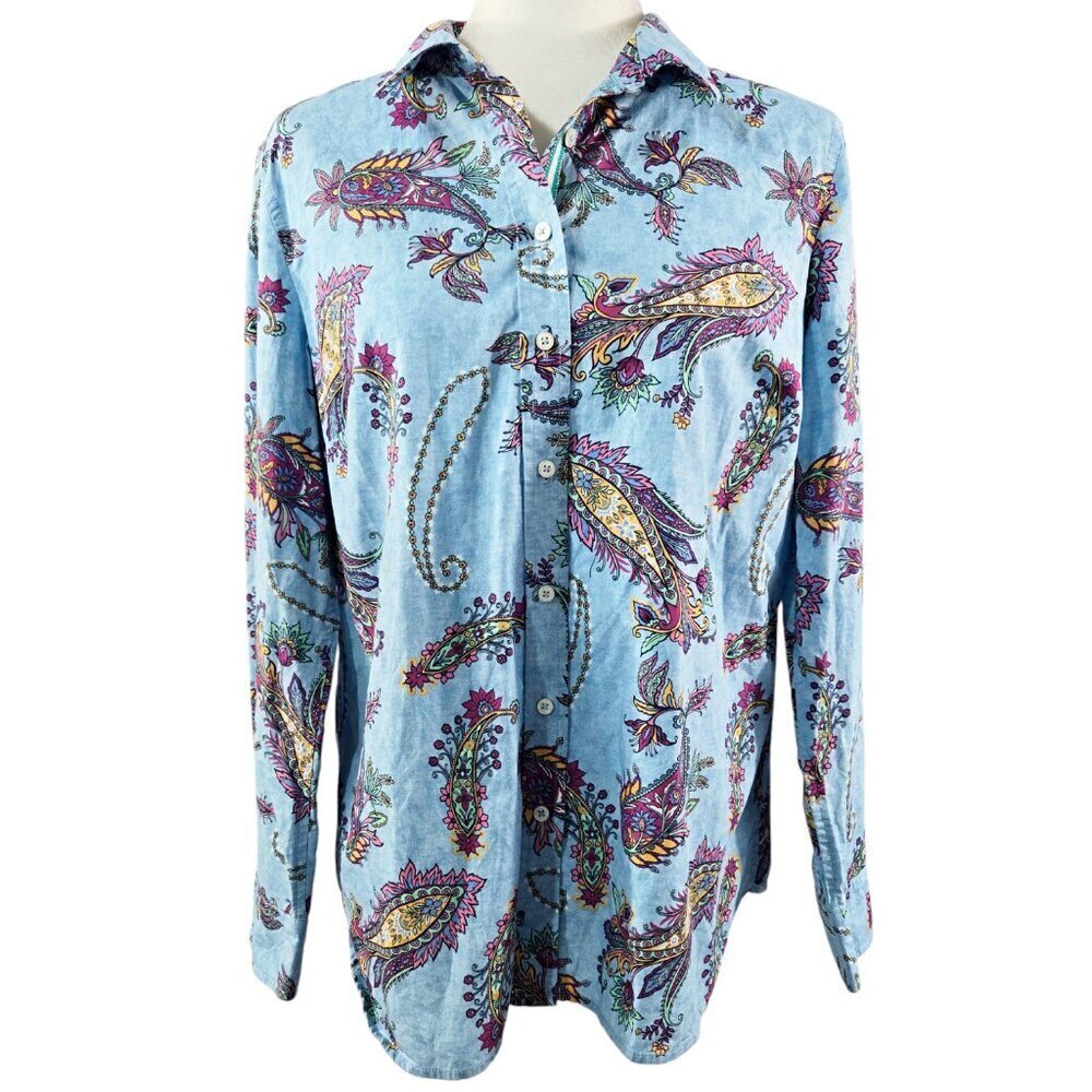 Talbots 100% Cotton Blue Floral Swirly Paisley Button-Up Shirt Boho Colorful